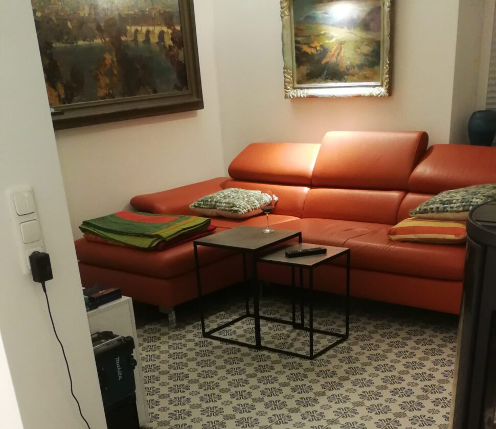 Wohnzimmer mit orangener Ledercouch