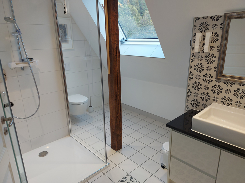 Modernes, in weiß gehaltenes Badezimmer mit niedrigem Duscheingang